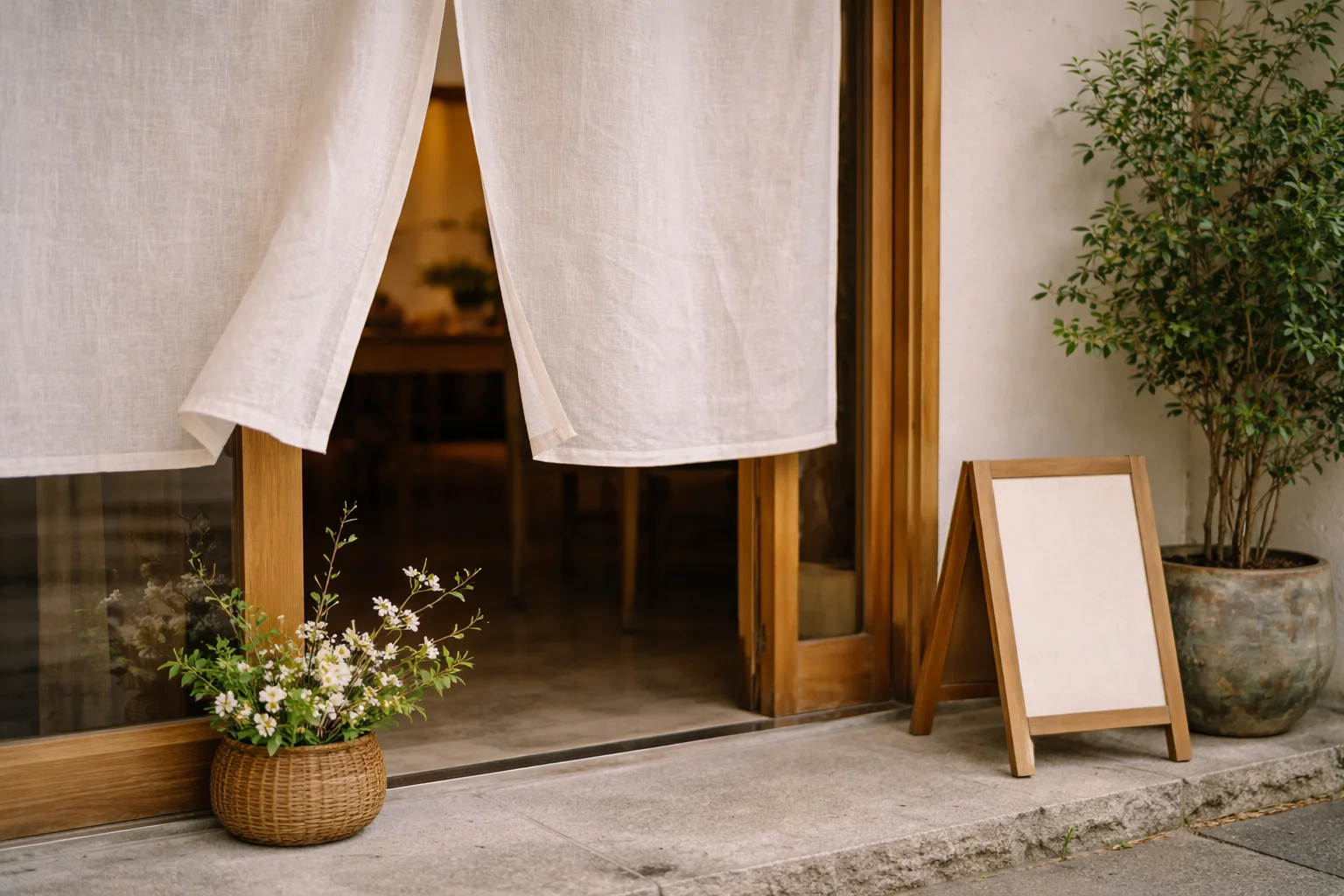 巡白茶寮の外観 — 入口の暖簾と看板
