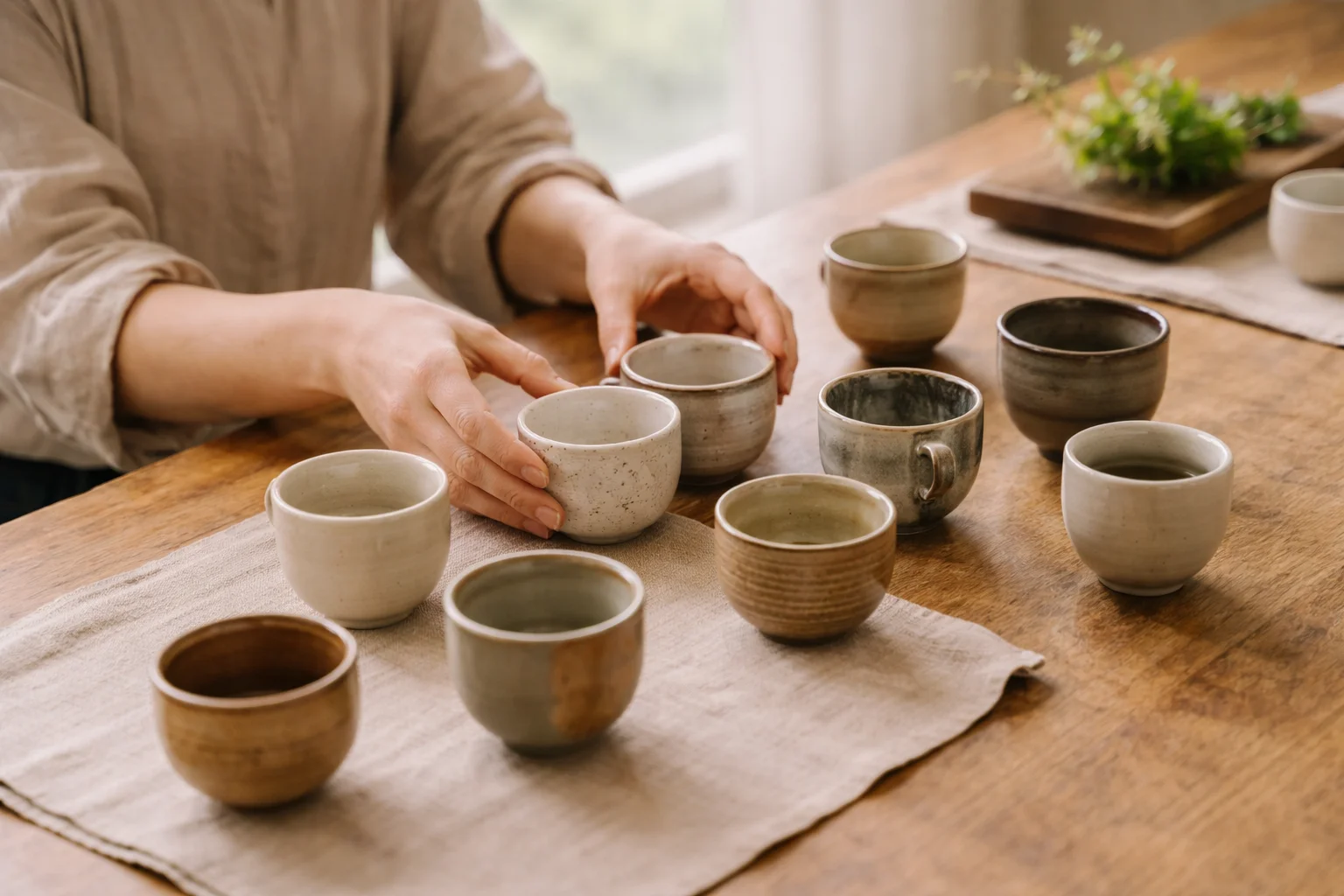 春の器とお茶 — 参加者が器を選んでいる様子