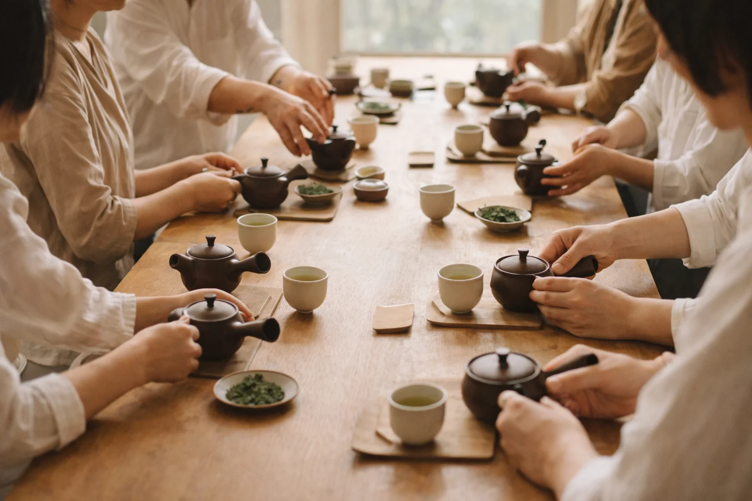 催し・体験会の様子 — 参加者がお茶を淹れている手元