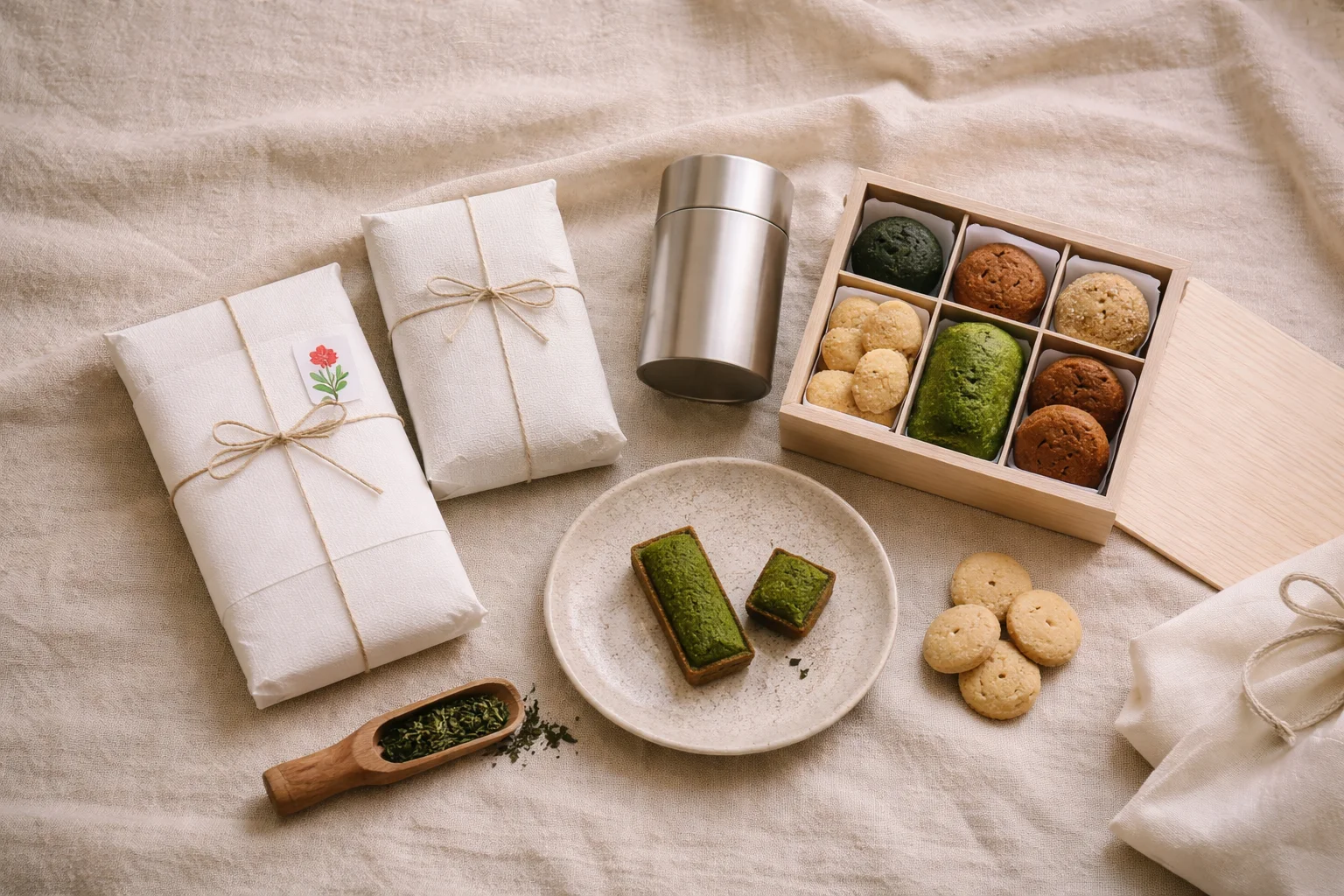 巡白茶寮の商品 — 茶葉パッケージと焼菓子の贈答セット